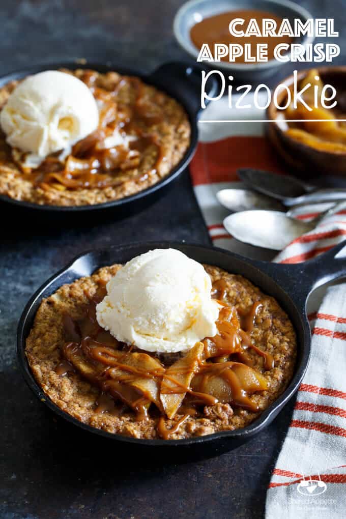 Caramel Apple Crisp Pizookies... a giant skillet oatmeal cookie topped with brown sugar baked apples, caramel sauce, and vanilla ice cream! | sharedappetite.com