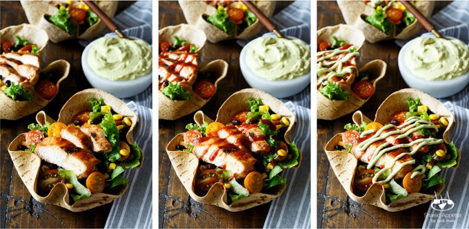 Southwest BBQ Chicken Taco Salad with Avocado Greek Yogurt Dressing | sharedappetite.com