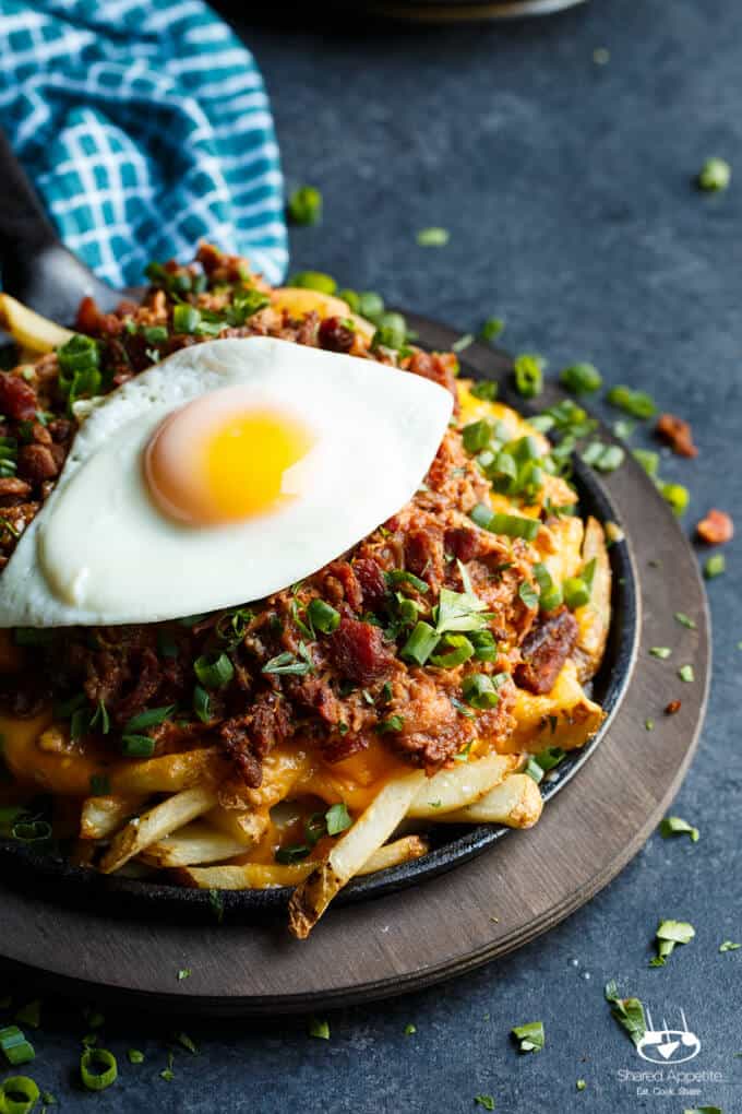 Loaded Pulled Pork Cheese Fries with a Fried Egg | sharedappetite.com
