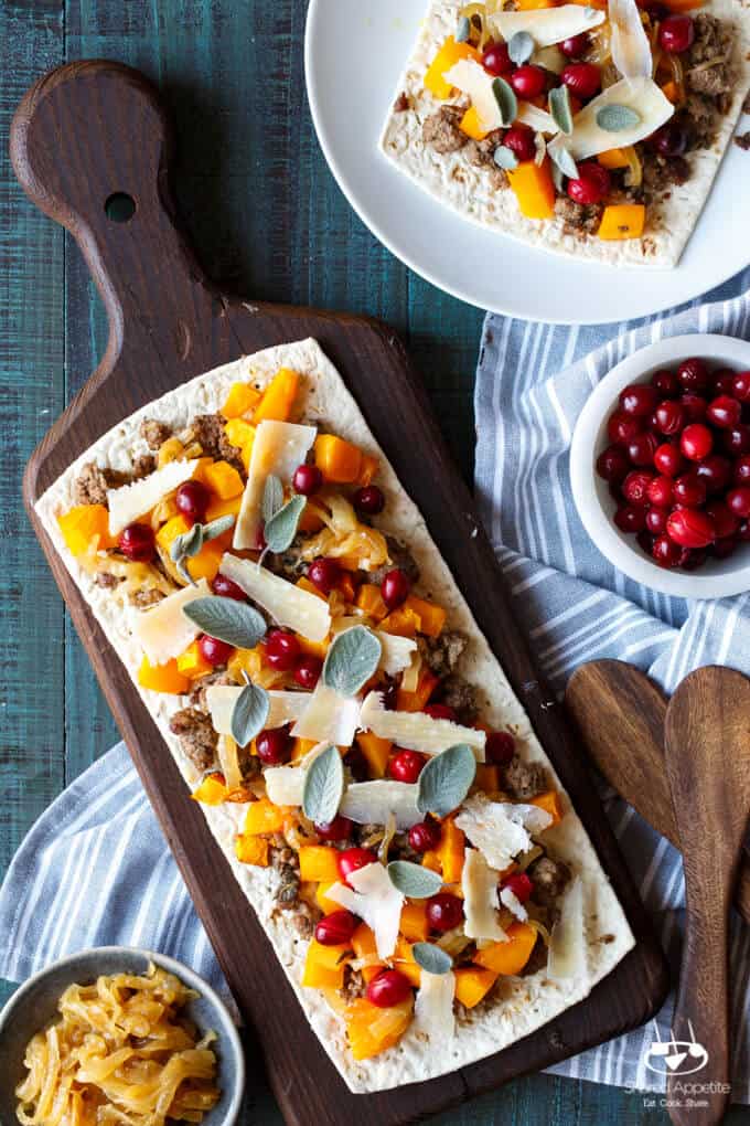 Butternut Squash and Lamb Pizza with Cider Caramelized Onions, Pickled Cranberries, Sage, and Parm | sharedappetite.com