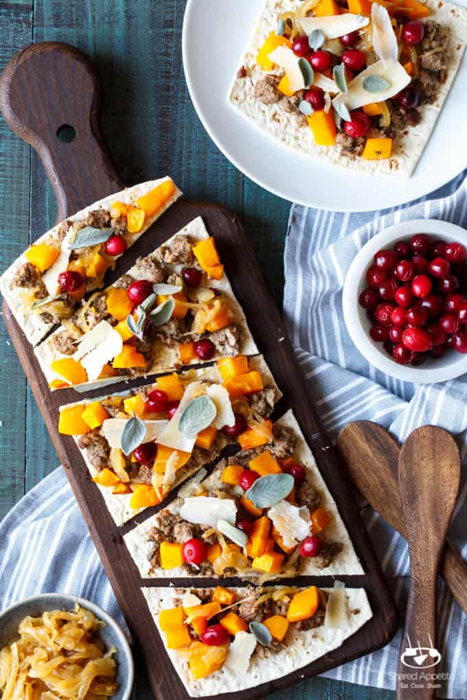 Butternut Squash and Lamb Pizza with Cider Caramelized Onions, Pickled Cranberries, Sage, and Parm | sharedappetite.com