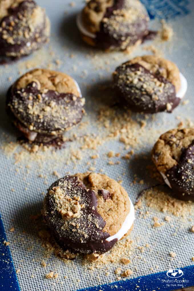 Chocolate Chip Graham Cracker S'mores Sandwich Cookies with Marshmallow Fluff | sharedappetite.com