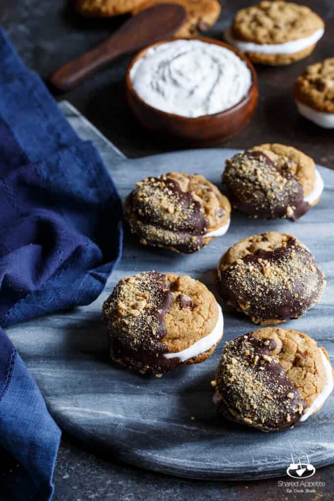 Chocolate Chip Graham Cracker S'mores Sandwich Cookies with Marshmallow Fluff | sharedappetite.com