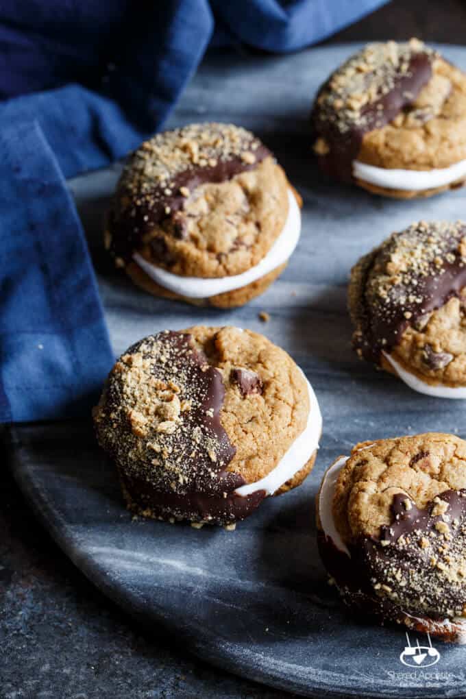 Chocolate Chip Graham Cracker S'mores Sandwich Cookies with Marshmallow Fluff | sharedappetite.com