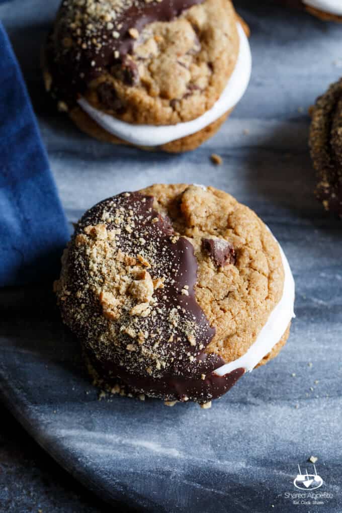 Chocolate Chip Graham Cracker S'mores Sandwich Cookies with Marshmallow Fluff | sharedappetite.com