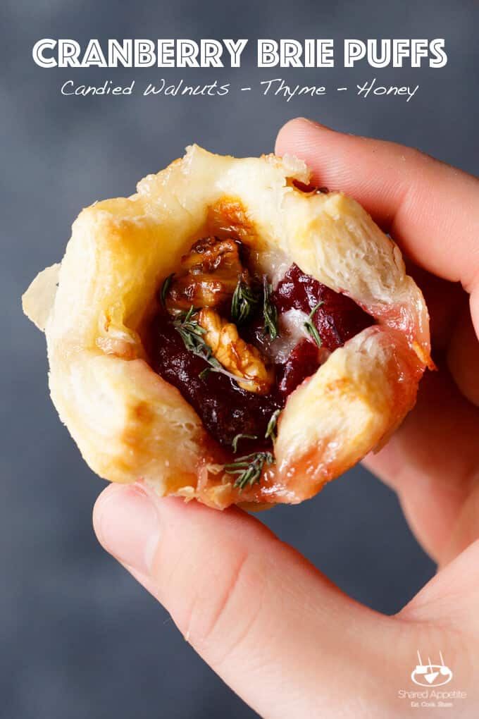 Cranberry Brie Puffs with Candied Walnuts | sharedappetite.com