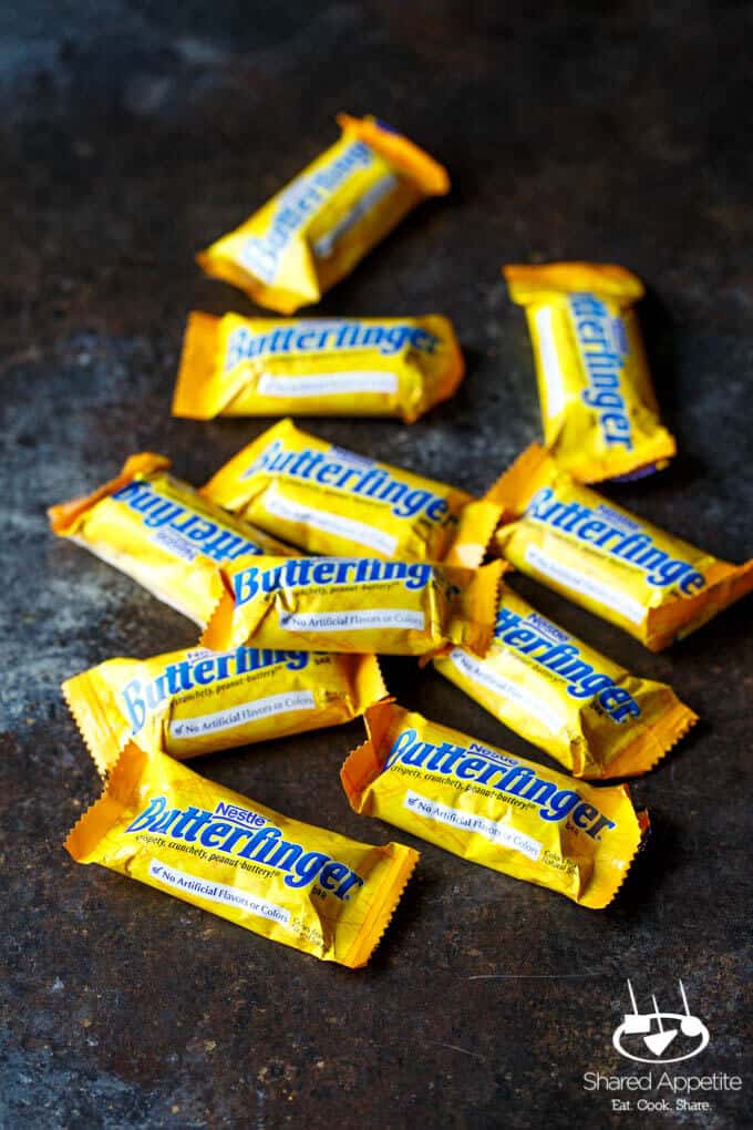 Butterfinger Cheesecake Brownie Bites | sharedappetite.com