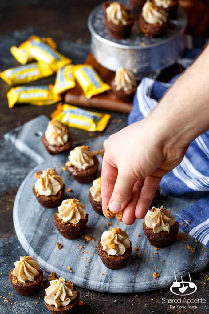 Butterfinger Cheesecake Brownie Bites | sharedappetite.com