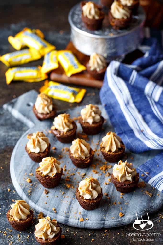 Butterfinger Cheesecake Brownie Bites | sharedappetite.com