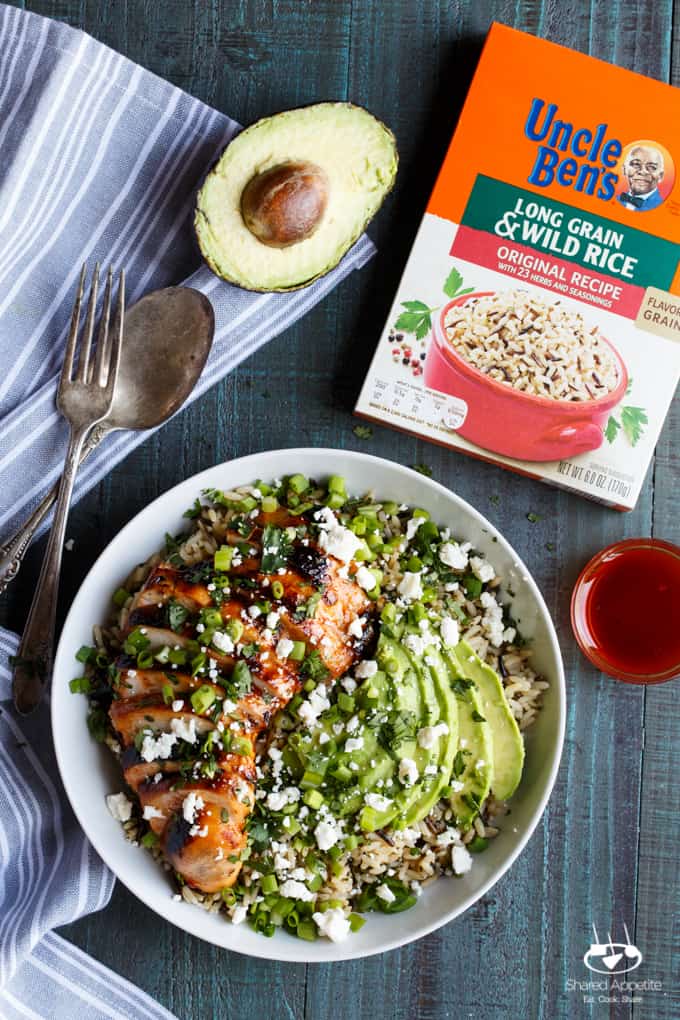 Grilled Honey Sriracha Chicken Rice Bowl with Avocado | sharedappetite.com