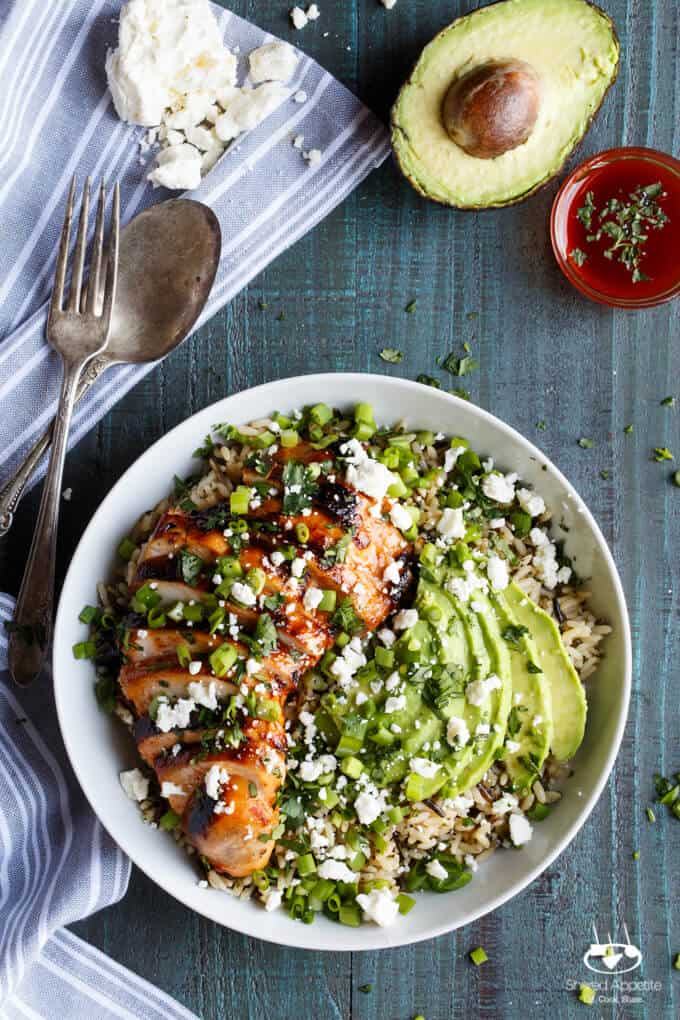 Grilled Honey Sriracha Chicken Rice Bowl with Avocado | sharedappetite.com