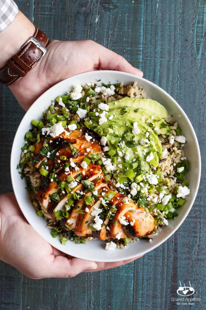 Grilled Honey Sriracha Chicken Rice Bowl with Avocado | sharedappetite.com