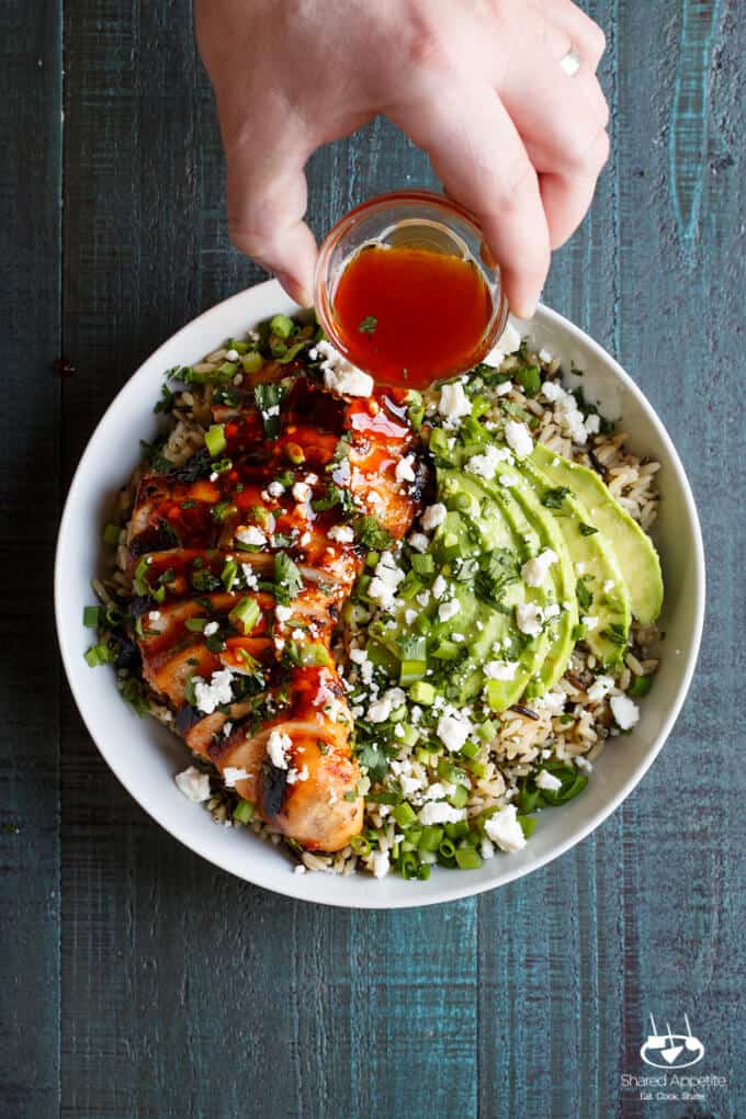 Grilled Honey Sriracha Chicken Rice Bowl with Avocado | sharedappetite.com