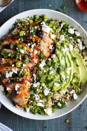 Grilled Honey Sriracha Chicken Rice Bowl with Avocado | sharedappetite.com