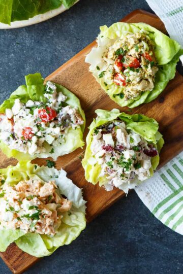 Four Healthy Chicken Salad Lettuce Wraps, including Healthy Greek Chicken Salad, Healthy Caprese Chicken Salad, Healthy Buffalo Chicken Salad, Healthy Apple Cranberry Chicken Salad | sharedappetite.com