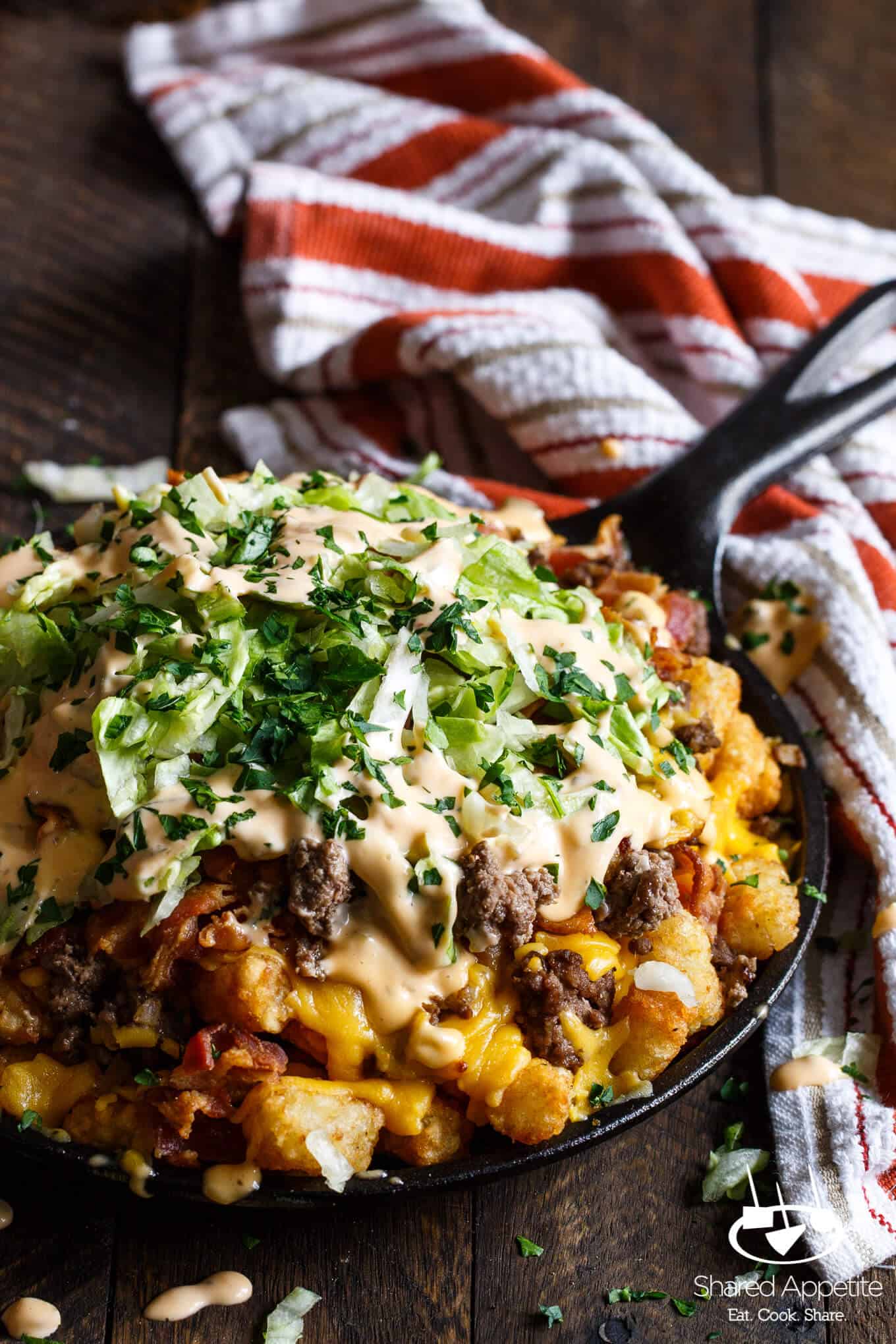 Bacon Cheeseburger Tater Tot Nachos with Bic Mac Special Sauce | sharedappetite.com