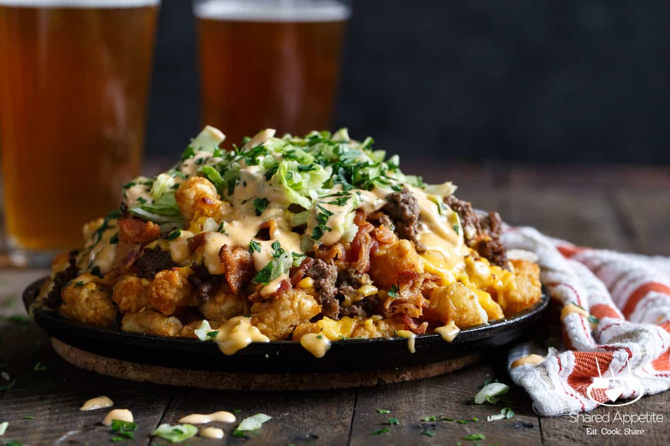 Bacon Cheeseburger Tater Tot Nachos with Bic Mac Special Sauce | sharedappetite.com