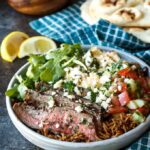 Grilled Flank Steak Shawarma Bowls with Israeli Salad, Hummus, and White Sauce | sharedappetite.com