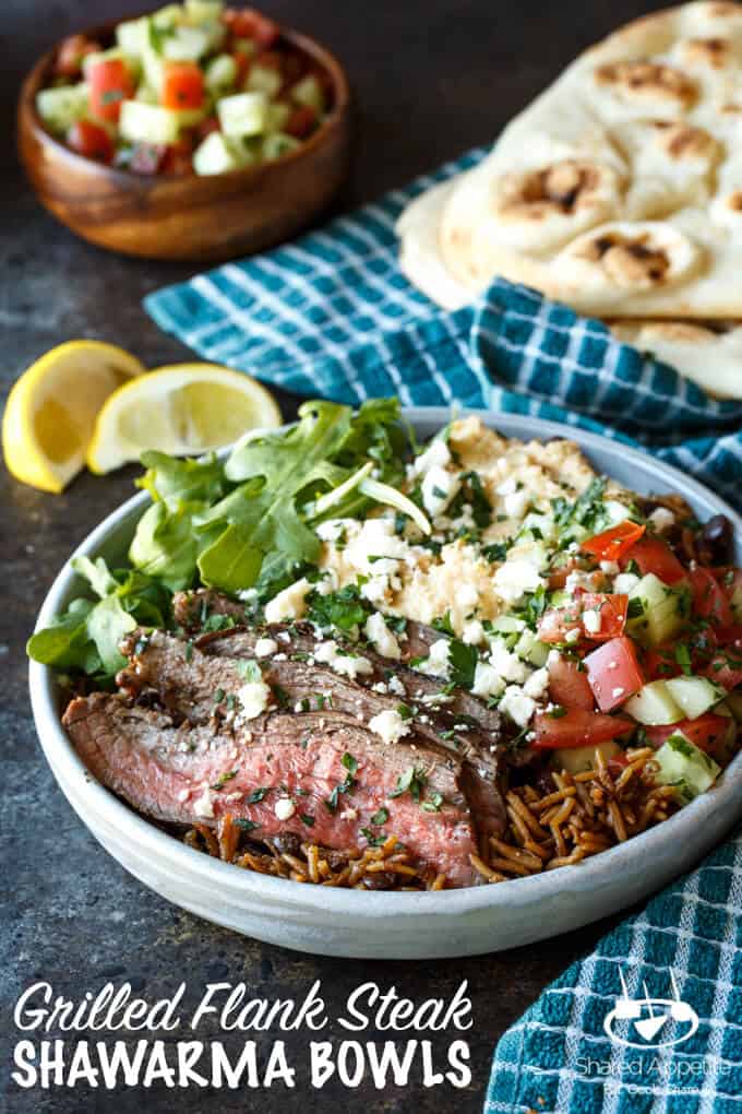 Grilled Flank Steak Shawarma Bowls with Israeli Salad, Hummus, and White Sauce | sharedappetite.com