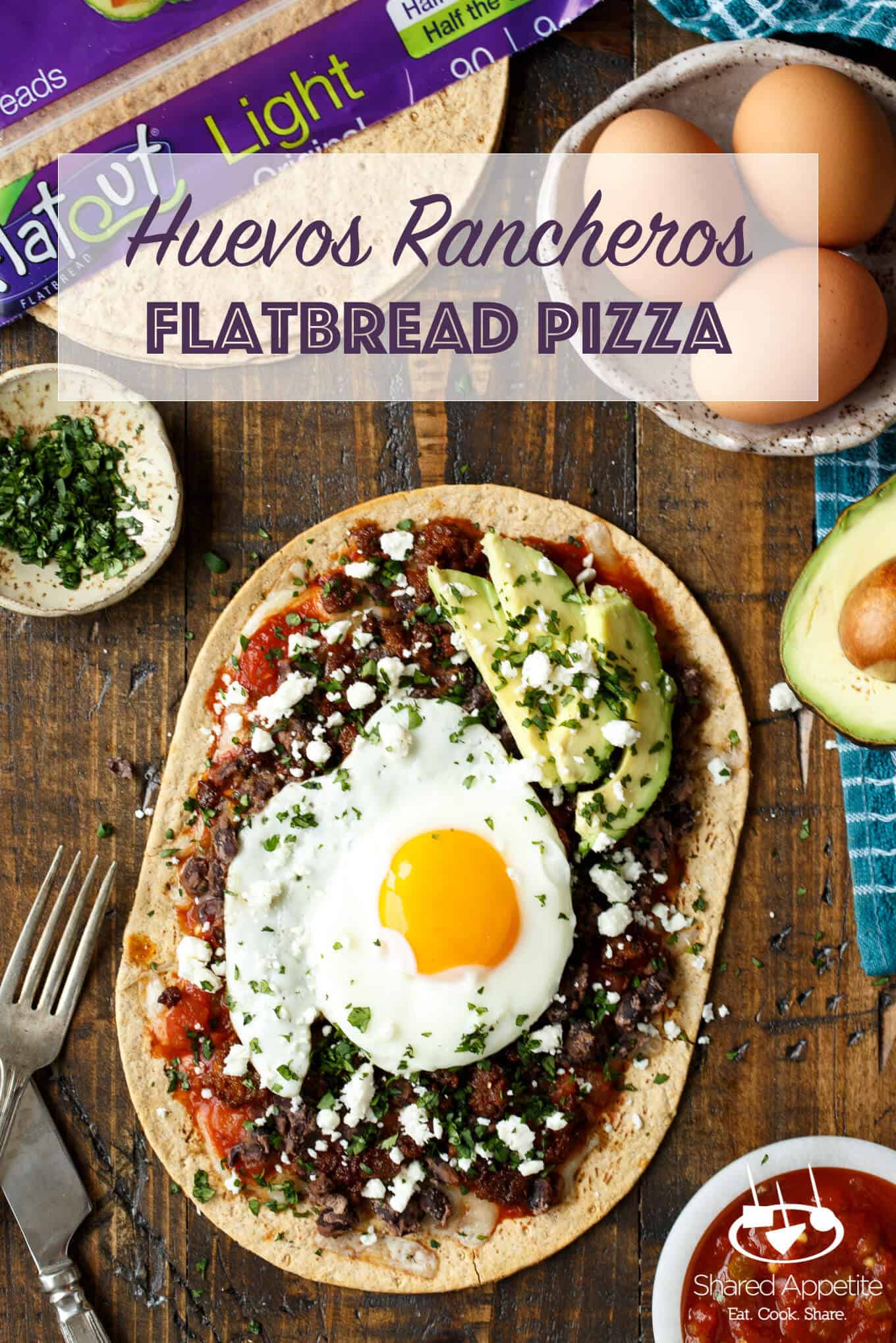 Huevos Rancheros Flatbread Pizza with Monterey Jack Cheese, Salsa, Black Beans, Avocado, and a Fried Egg! sharedappetite.com