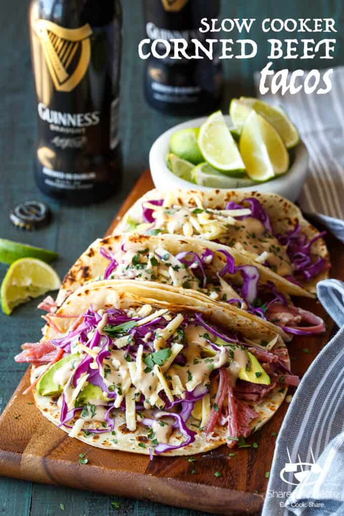 Slow Cooker Corned Beef Tacos Guinness Braised with Guinness Cream Sauce, Red Cabbage, and Avocado | sharedappetite.com