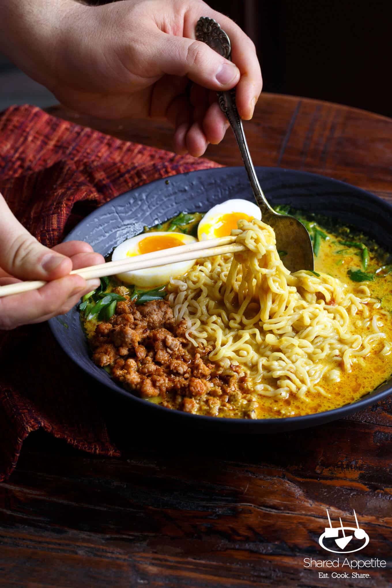 Spicy Pork Thai Coconut Curry Ramen with a Khao Soi soup base | sharedappetite.com