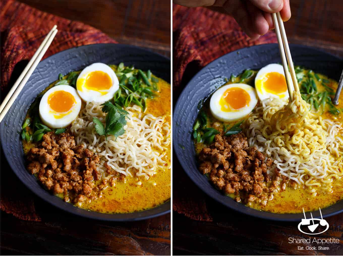 Spicy Pork Thai Coconut Curry Ramen with a Khao Soi soup base | sharedappetite.com