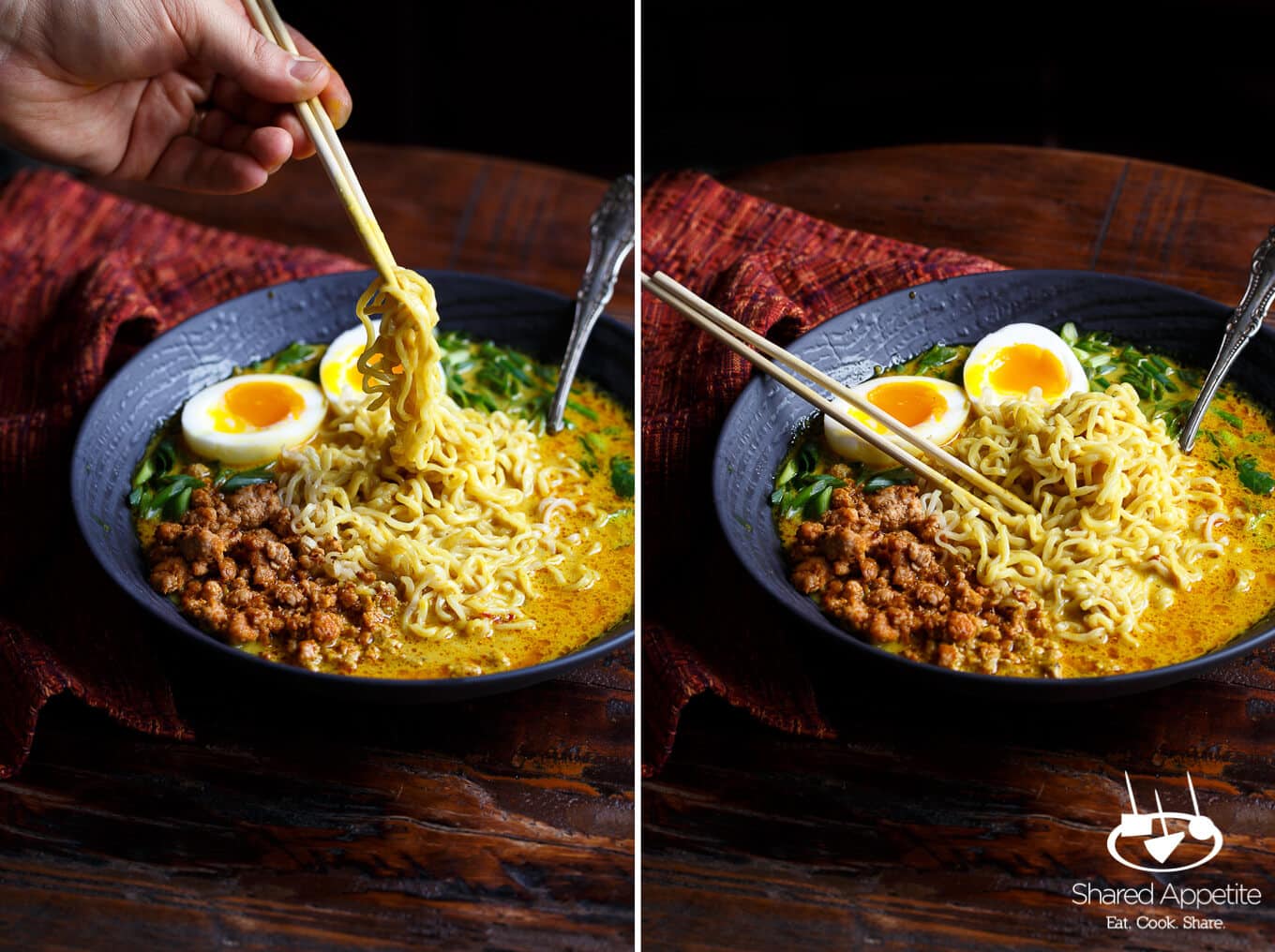 Spicy Pork Thai Coconut Curry Ramen with a Khao Soi soup base | sharedappetite.com