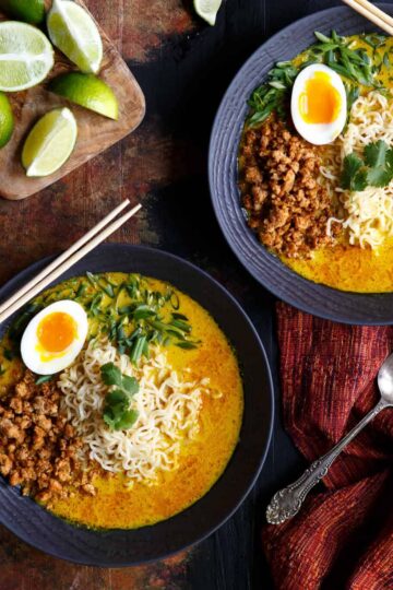 Spicy Pork Thai Coconut Curry Ramen with a Khao Soi soup base | sharedappetite.com