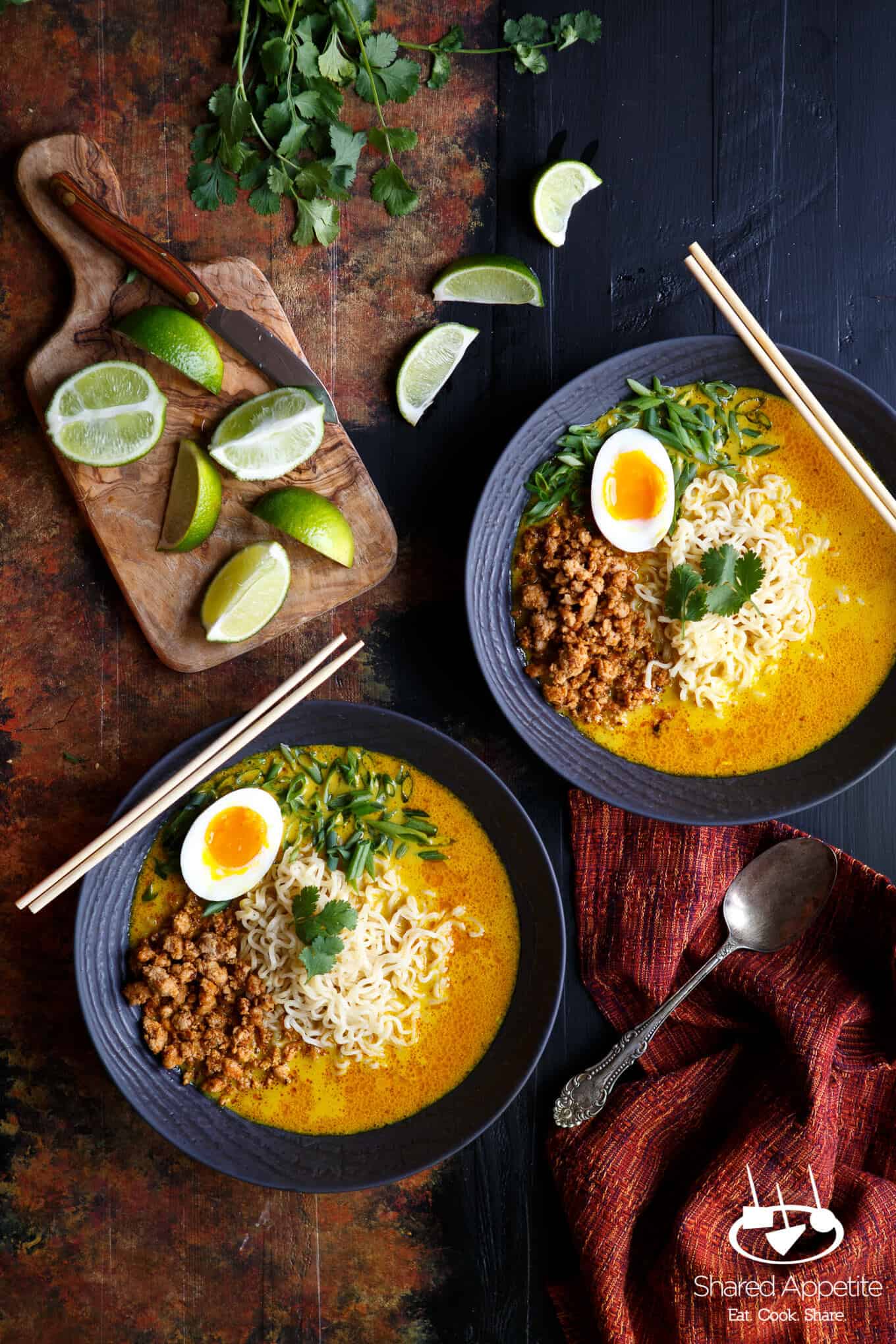 Spicy Pork Thai Coconut Curry Ramen with a Khao Soi soup base | sharedappetite.com