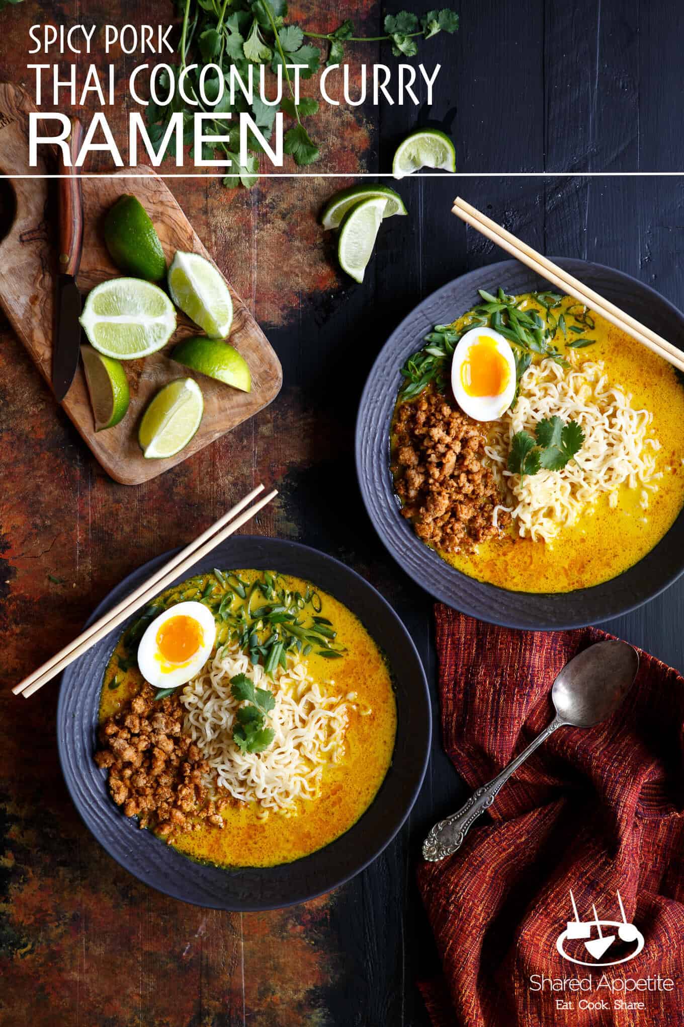 Spicy Pork Thai Coconut Curry Ramen with a Khao Soi soup base | sharedappetite.com