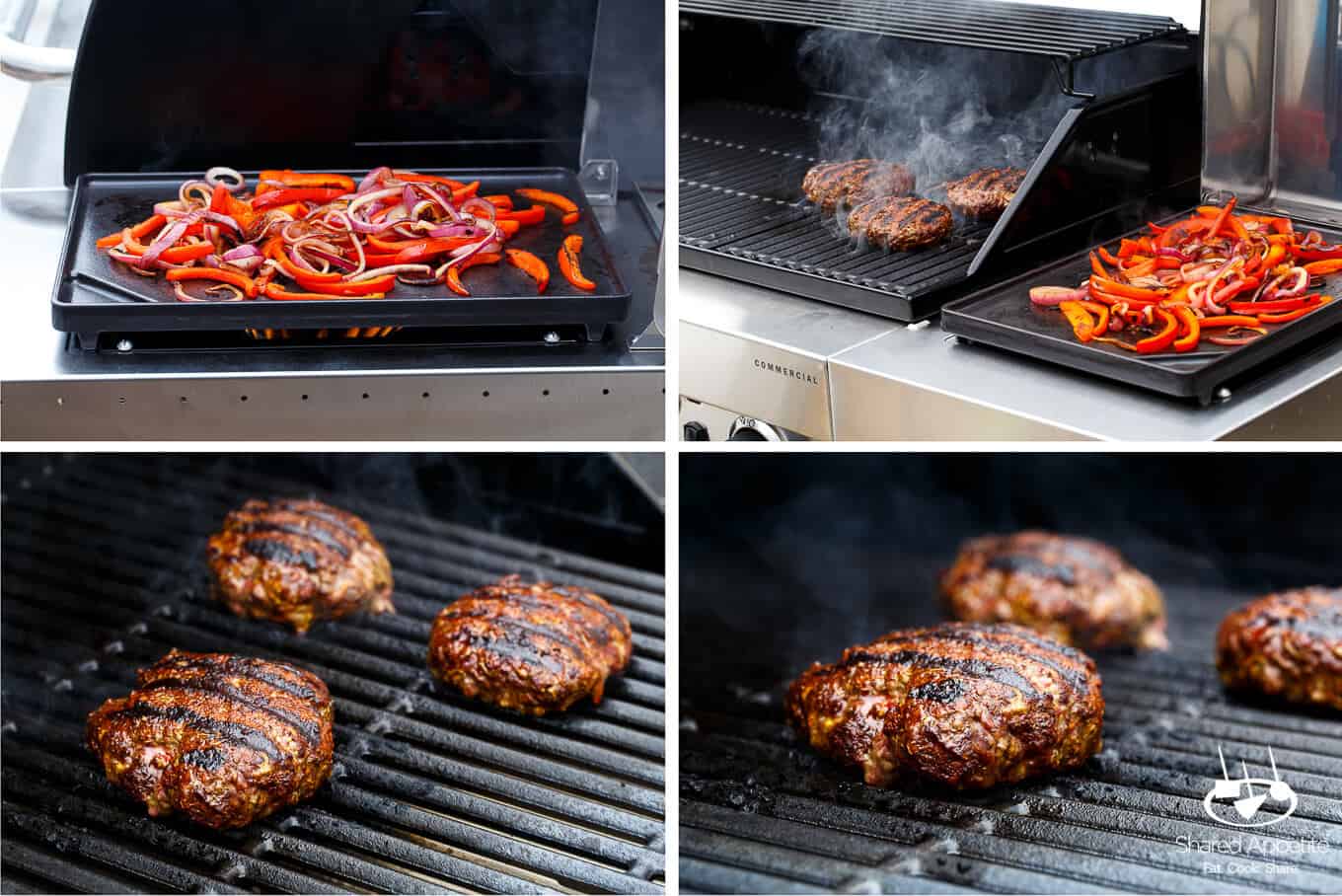 Fajita Burgers with grilled peppers and onions, guacamole, and pico de gallo | sharedappetite.com