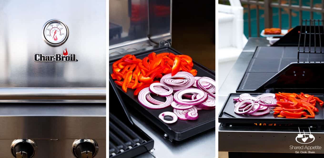 Fajita Burgers with grilled peppers and onions, guacamole, and pico de gallo | sharedappetite.com