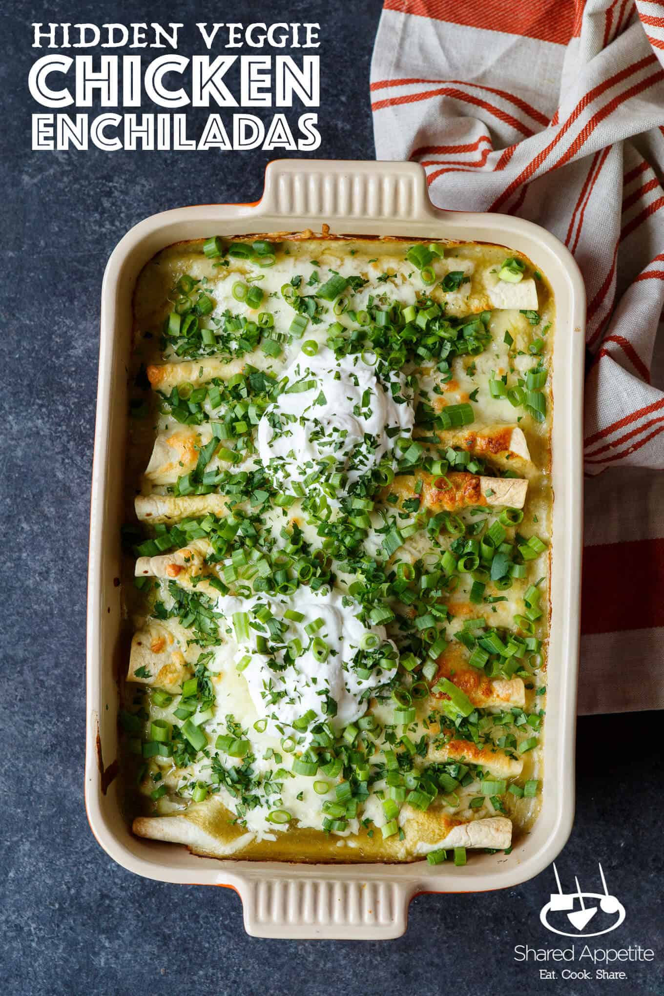 Hidden Veggie Chicken Enchiladas with Zucchini, Spinach, and Corn in a Green Chile Sauce are Family Friendly! | sharedappetite.com