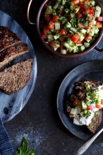 Lamb Kefta Meatloaf with Spiced Yogurt and Israeli Salad | sharedappetite.com