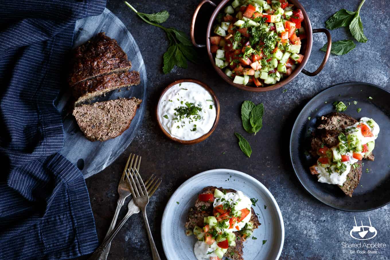 Lamb Kefta Meatloaf with Spiced Yogurt and Israeli Salad | sharedappetite.com