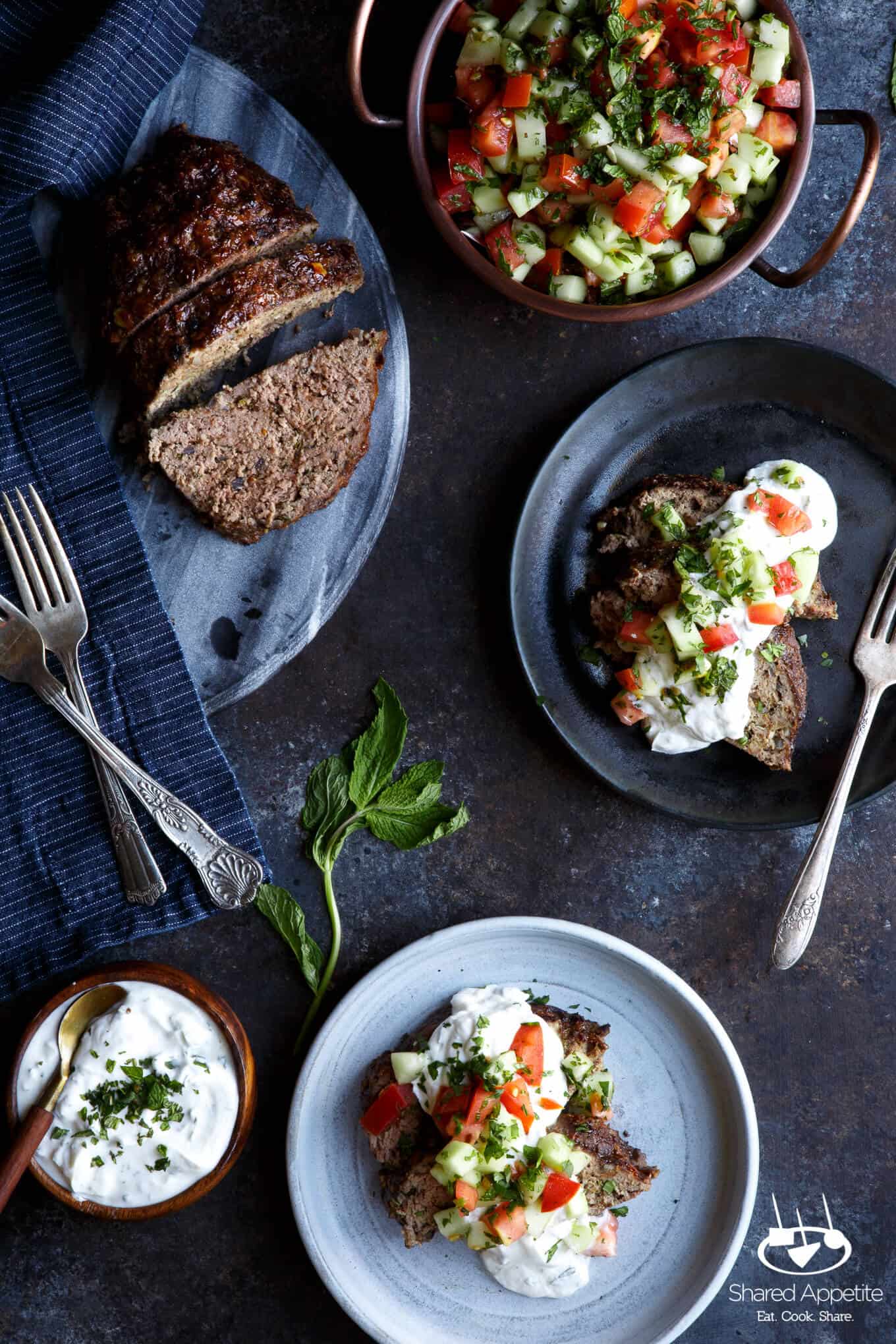 Lamb Kefta Meatloaf with Spiced Yogurt and Israeli Salad | sharedappetite.com