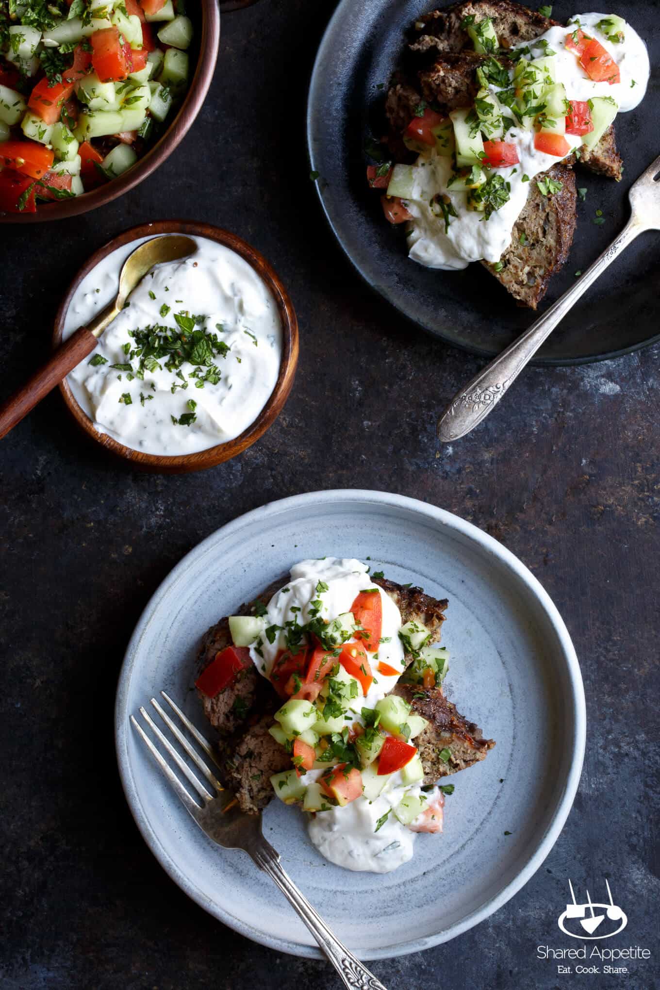 Lamb Kefta Meatloaf with Spiced Yogurt and Israeli Salad | sharedappetite.com