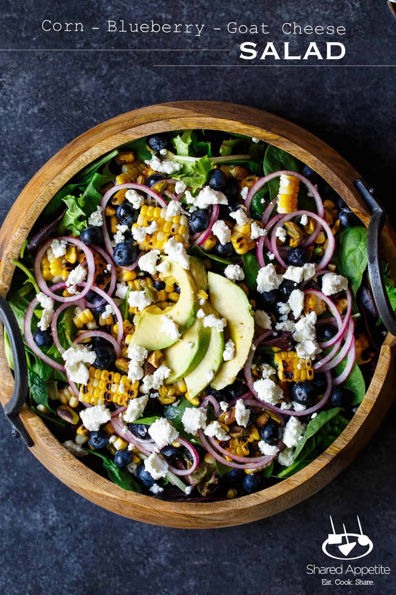 Blueberry, Corn, and Goat Cheese Salad with quick pickled onions, avocado, pistachios, and a bright lemon vinaigrette | sharedappetite.com