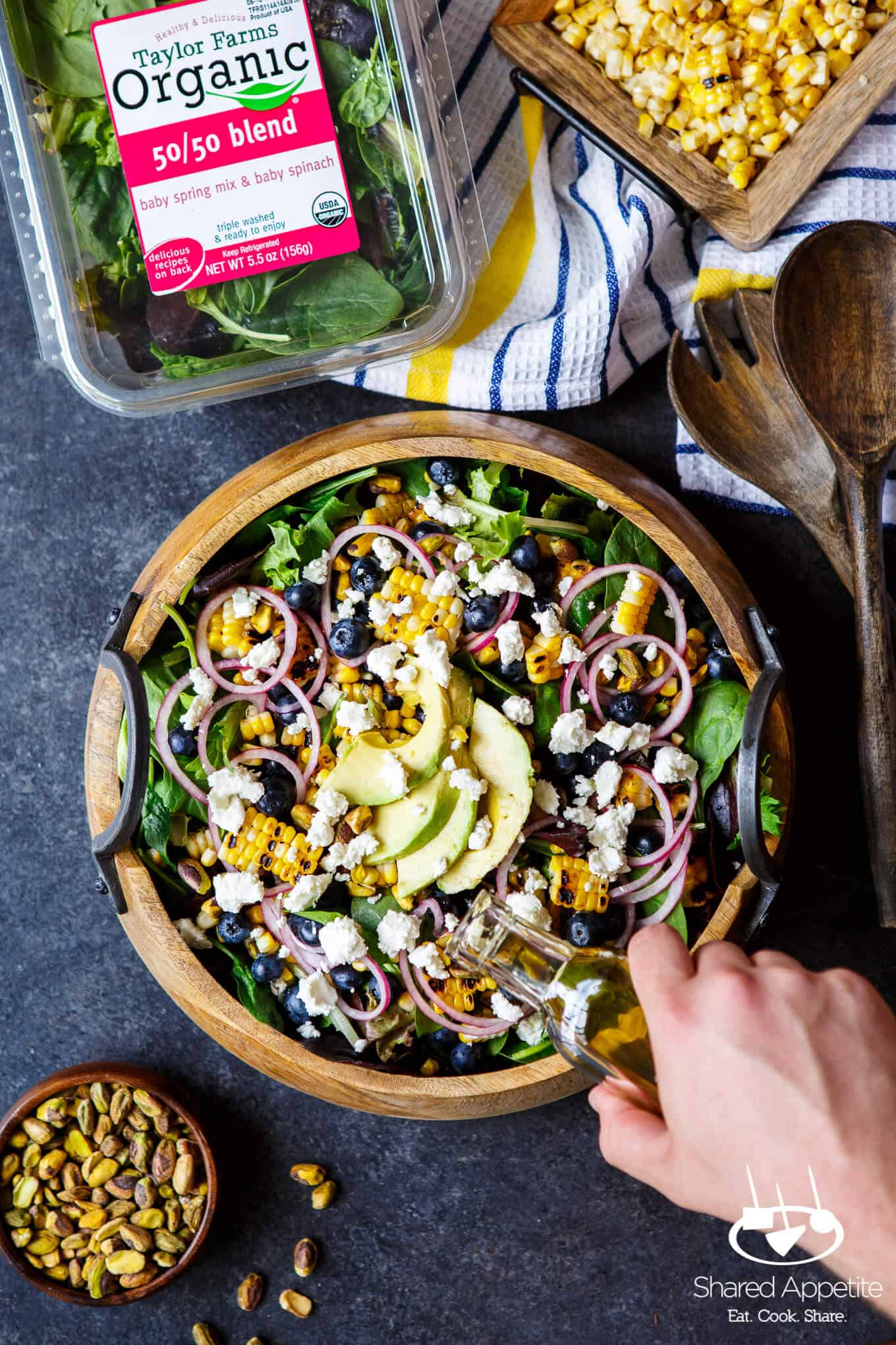 Blueberry, Corn, and Goat Cheese Salad with quick pickled onions, avocado, pistachios, and a bright lemon vinaigrette | sharedappetite.com