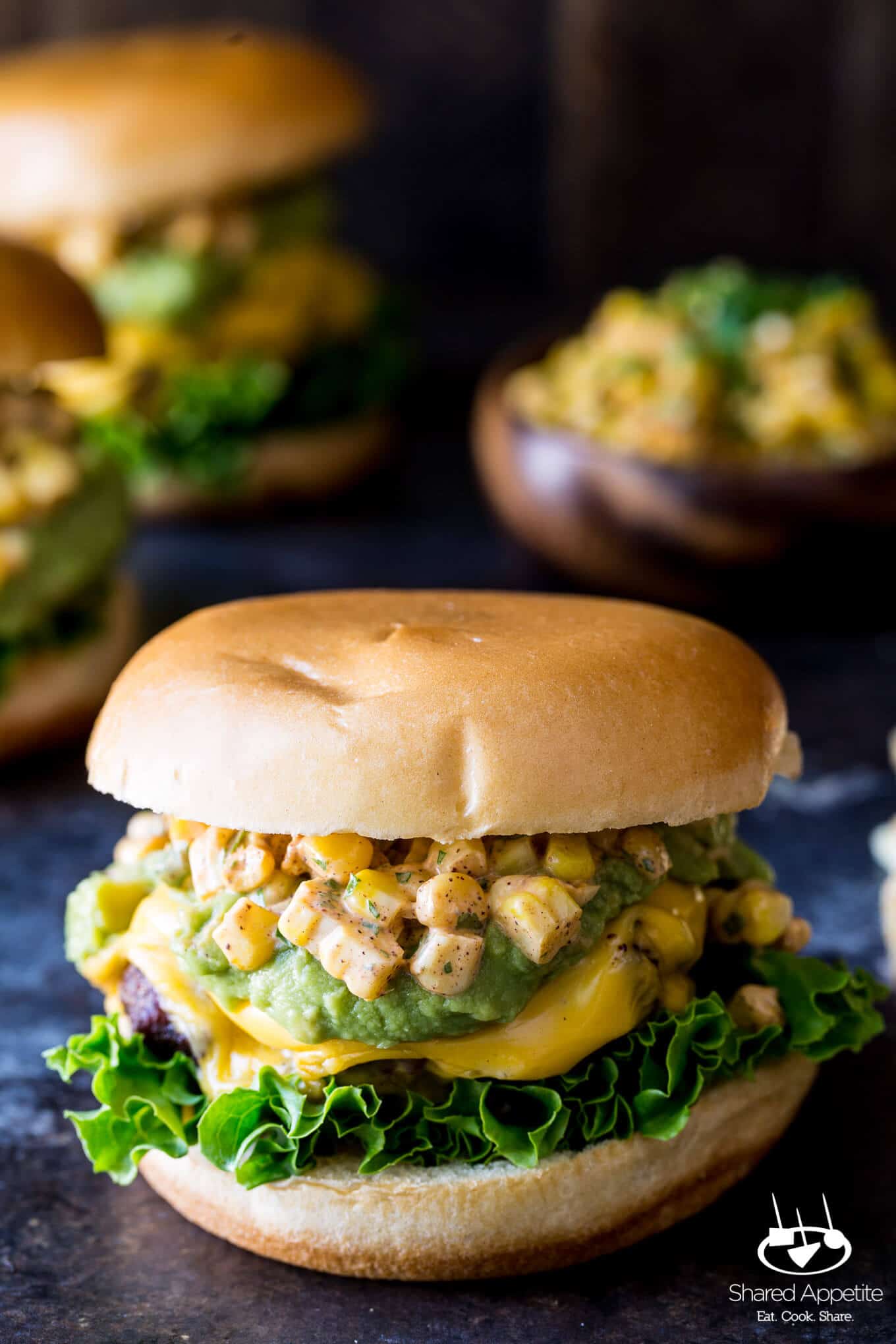 Mexican Street Corn Burgers with Guacamole | sharedappetite.com