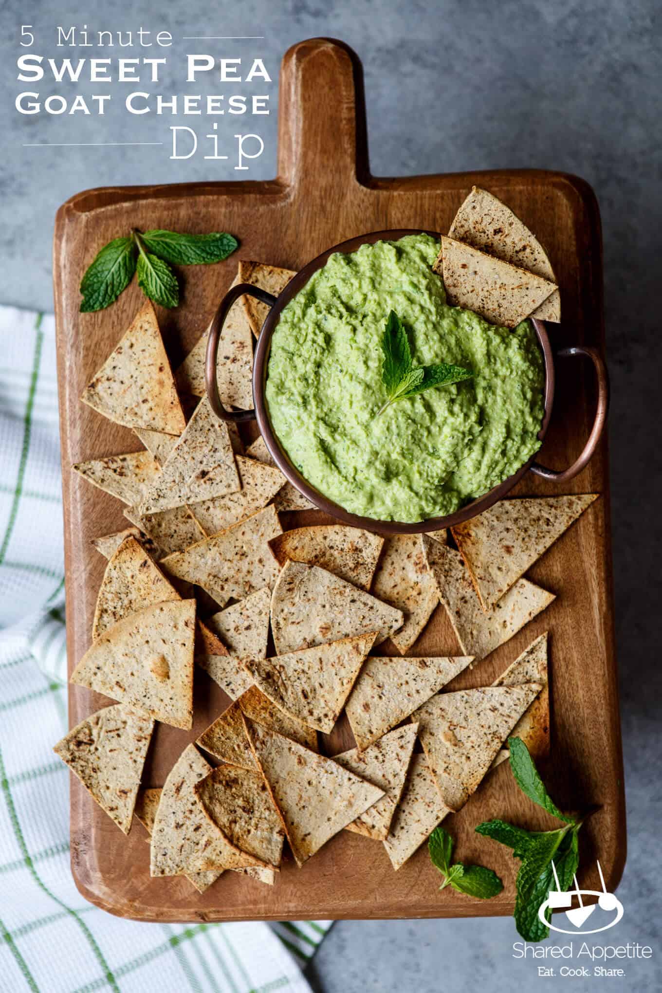 Just a handful of ingredients and 5 minutes stands between you and this easy entertaining recipe for Sweet Pea Goat Cheese Dip with lemon and mint! Perfect for Spring!