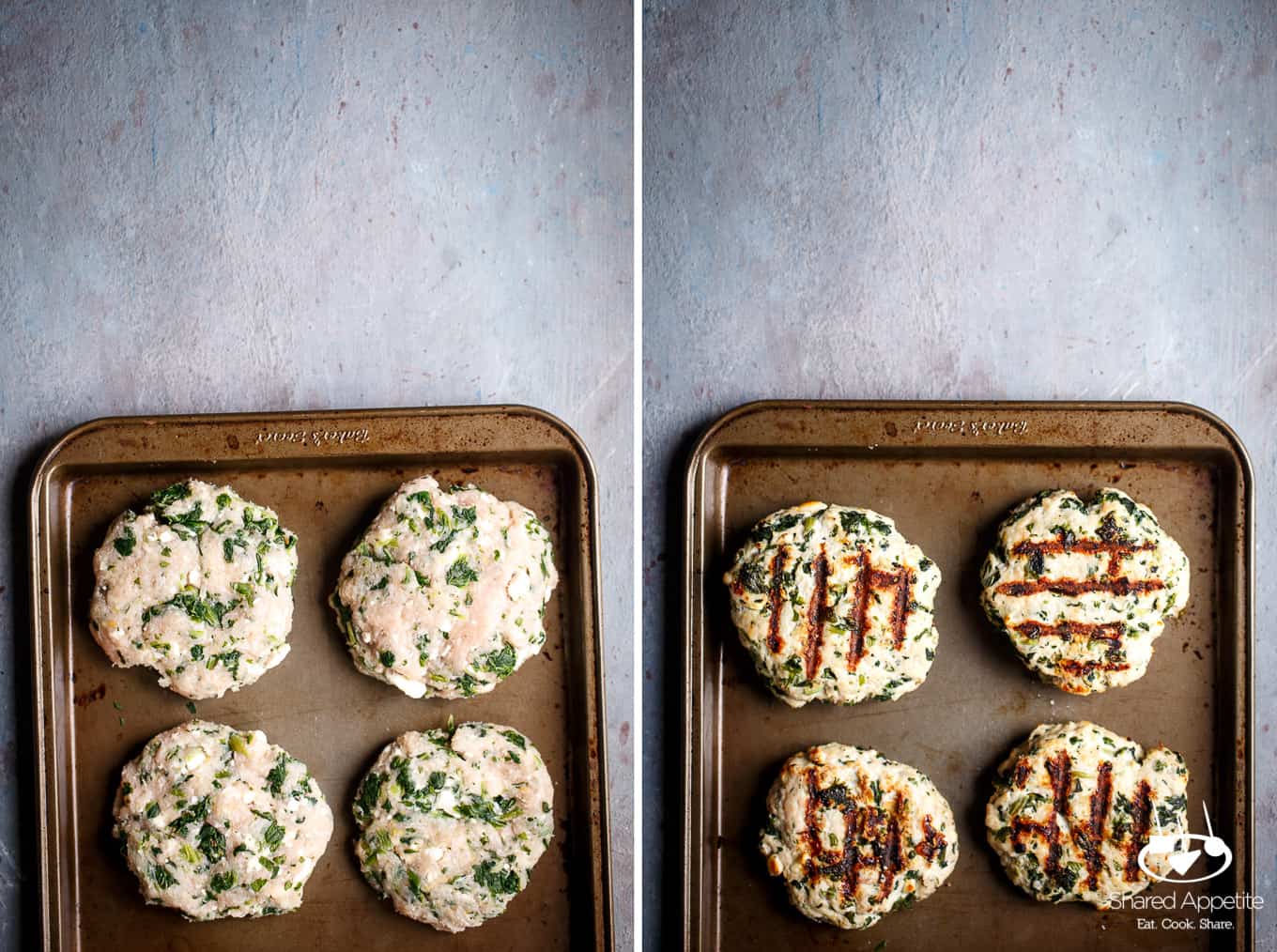 Greek Turkey Burger patties, uncooked and then cooked | sharedappetite.com