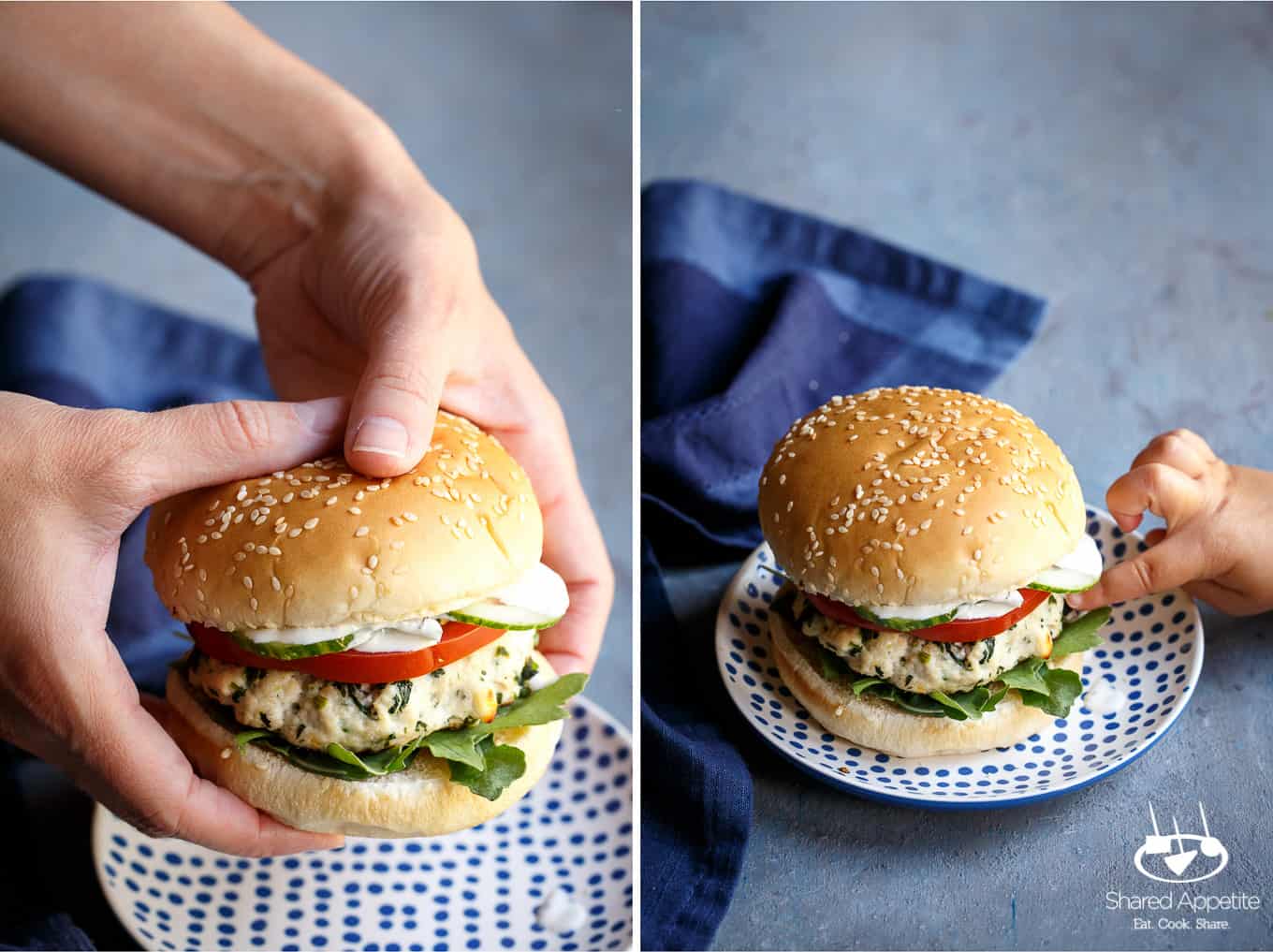 Holding the Greek Turkey Burgers and my 2 year old daughter touching the burger | sharedappetite.com