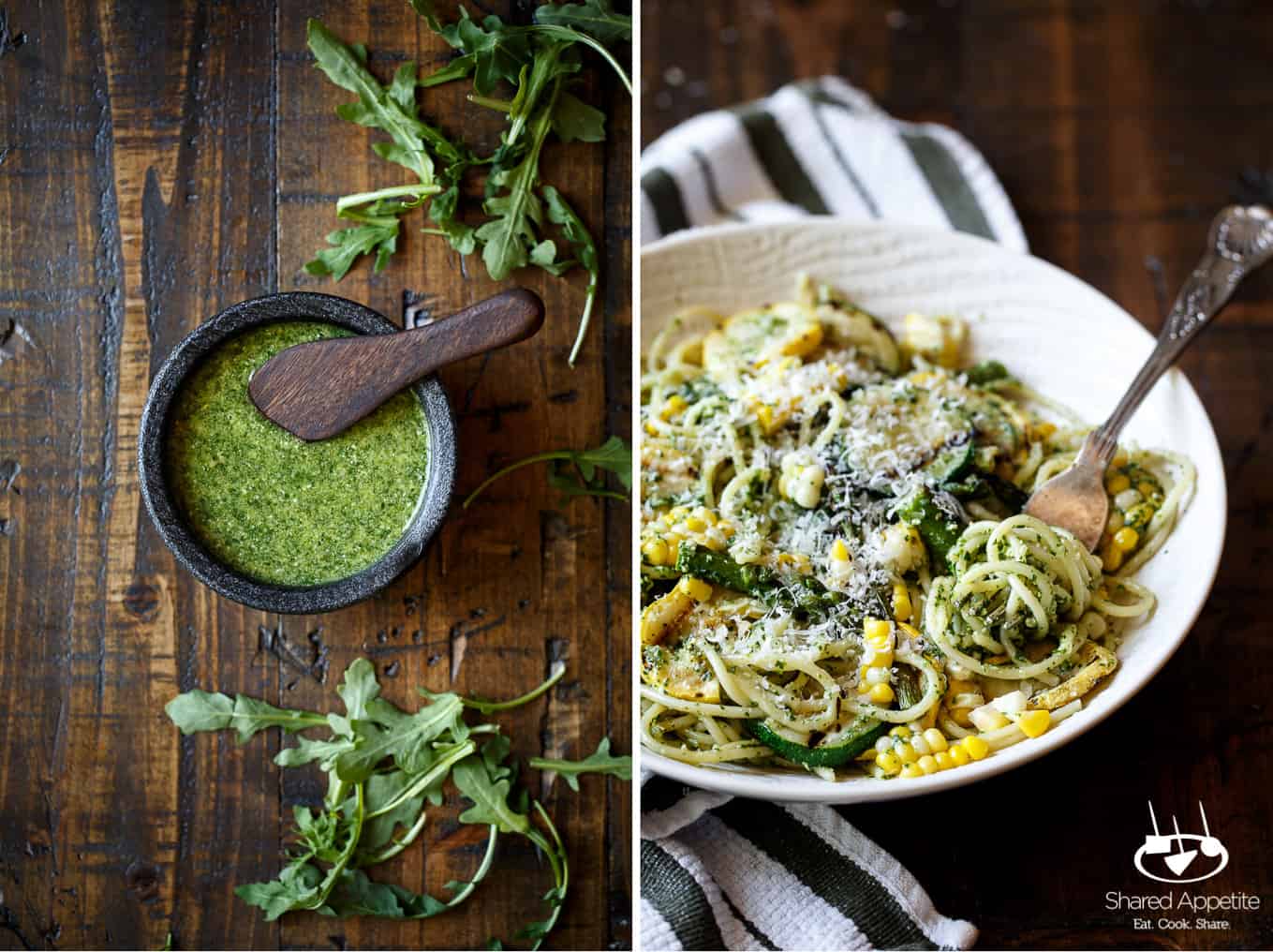 Arugula Pesto and a Fork in Summer Vegetable Pasta with Arugula Pesto | sharedappetite.com