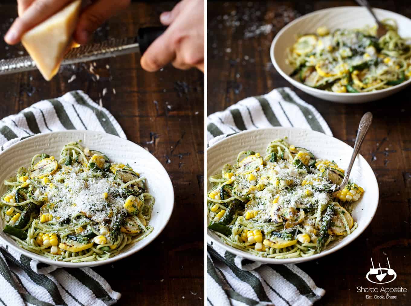Grating Cheese on this Summer Vegetable Pasta with Arugula Pesto | sharedappetite.com