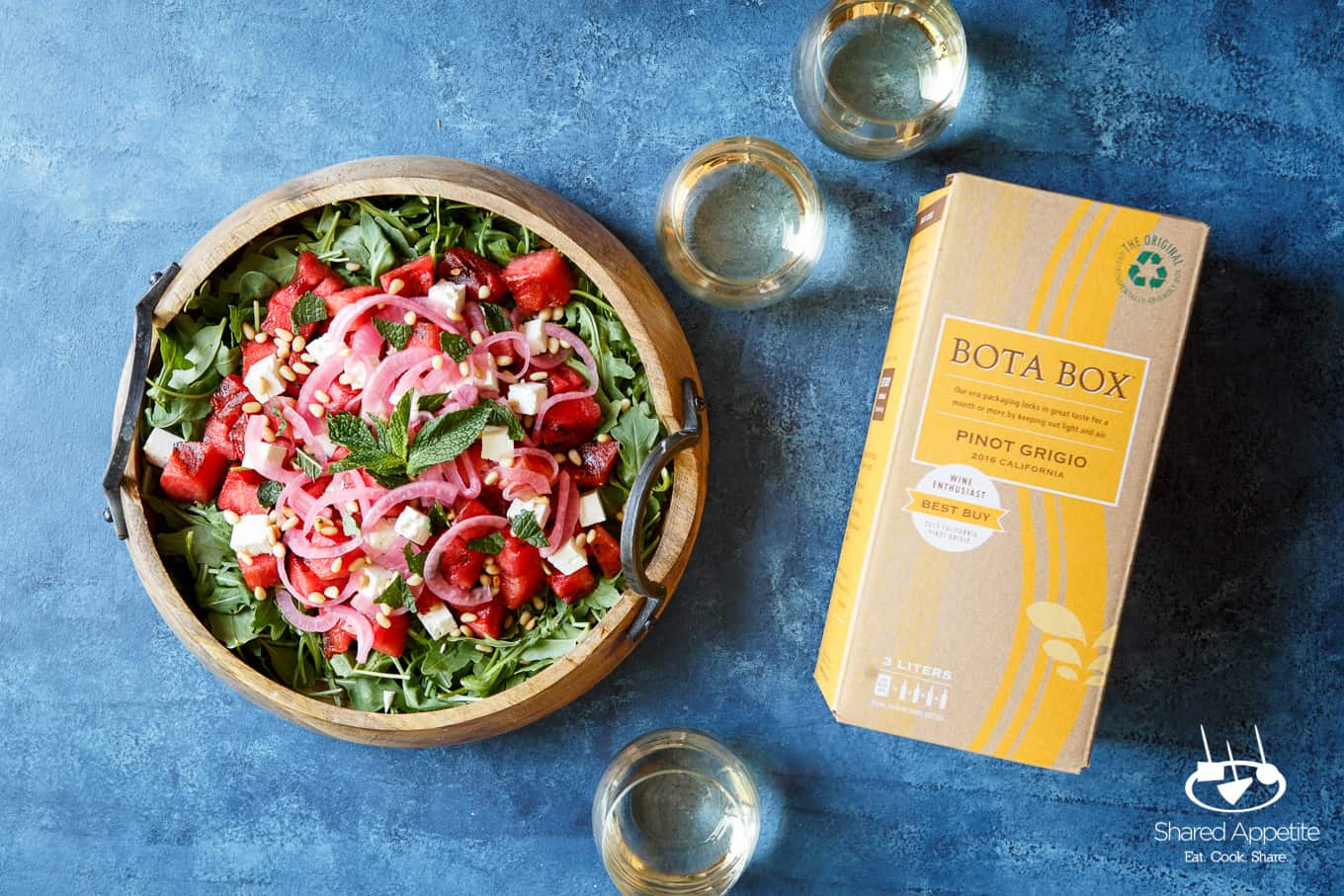 Grilled Watermelon Salad with Arugula, Feta, and Pickled Onions and Bota Box Pinot Grigio | sharedappetite.com