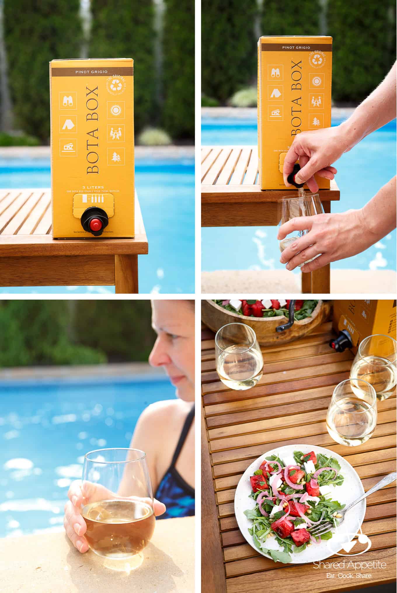 Enjoying Bota Box by the Pool with Grilled Watermelon Salad with Arugula, Feta, and Pickled Onions | sharedappetite.com