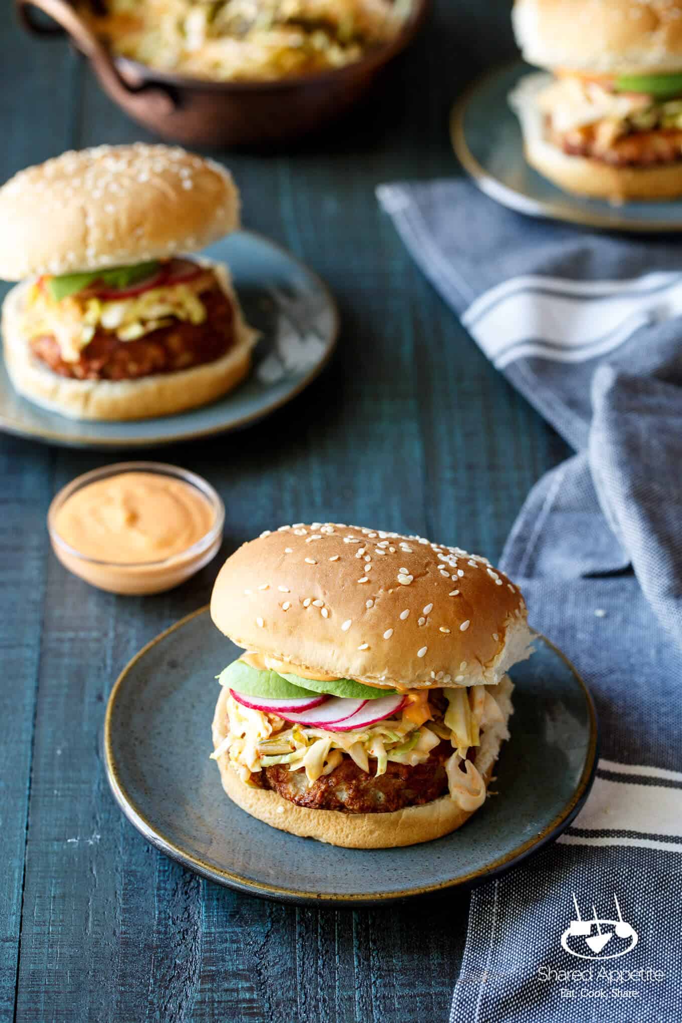 Korean Turkey Burgers with Kimchi Slaw, Avocado, and Gochujang Aioli | sharedappetite.com