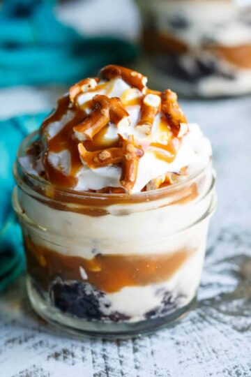 Mini Caramel Pretzel Ice Cream Trifles with Brownie | sharedappetite.com